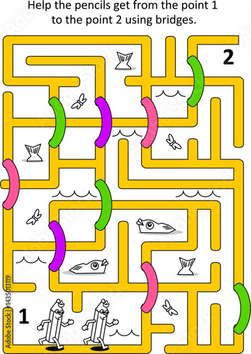 Maze with bridges. Help the pencils get from the point 1 to the point 2 using bridges.
