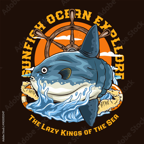Vibrant illustration of a sunfish jumping with ocean waves, ship wheel background, and "Sunfish Ocean Explorer - The Lazy Kings of the Sea" text. Perfect for marine, fishing, and nautical themes.