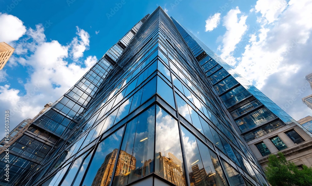 Fototapeta premium Modern skyscraper reflecting city skyline, a low angle view