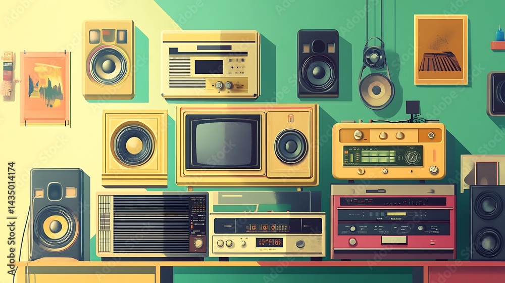 Obraz premium Aesthetic old electronics setup featuring cassette decks retro picture