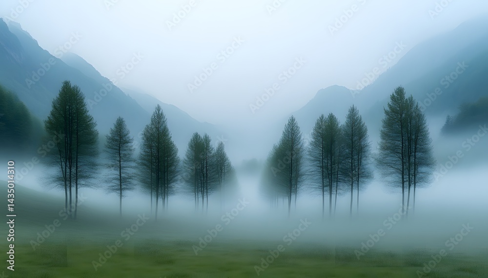 Fototapeta premium Serene misty mountain landscape with tall trees.