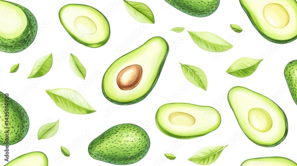 Fresh avocado halves and leaves pattern Fresh avocado halves and leaves pattern