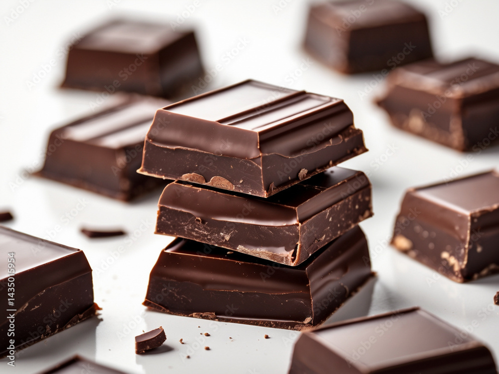 Stack of dark chocolate chunks surrounded by scattered pieces on a reflective white surface. Sweet ingredient. Stack of dark chocolate chunks surrounded by scattered pieces on a reflective white surface. Sweet ingredient.