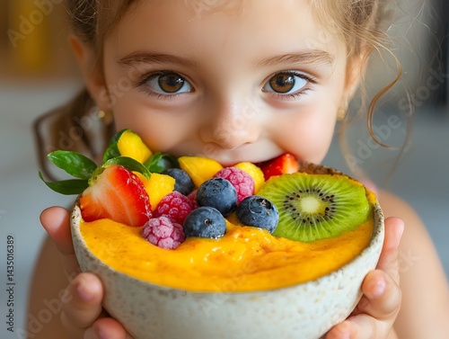 A child is holding and about to eat a bowl of colorful fruit smoothie