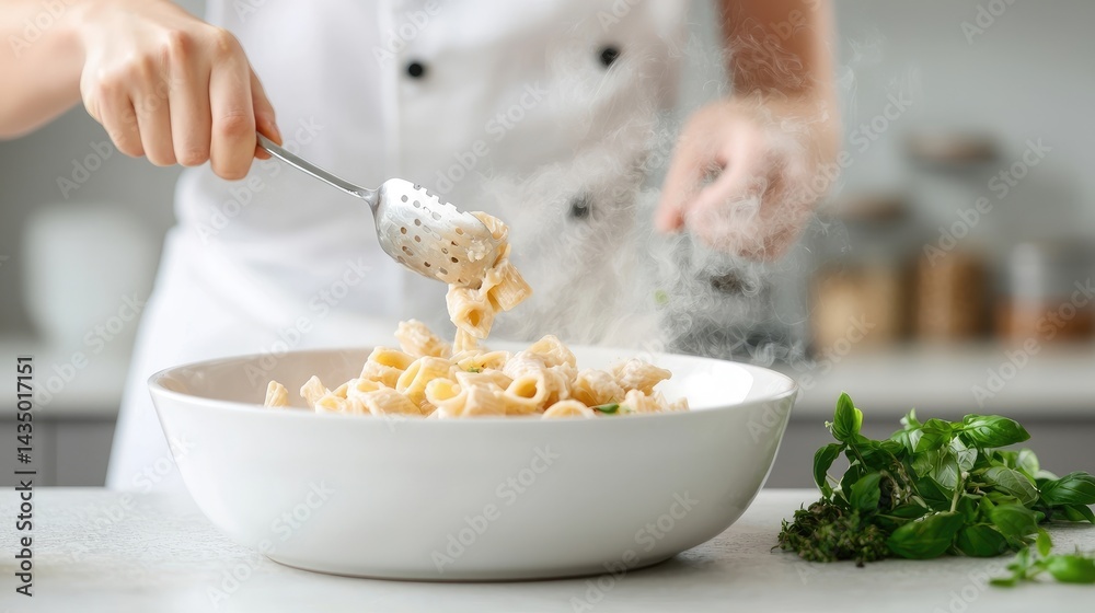 Chef tossing pasta in a creamy sauce Chef tossing pasta in a creamy sauce