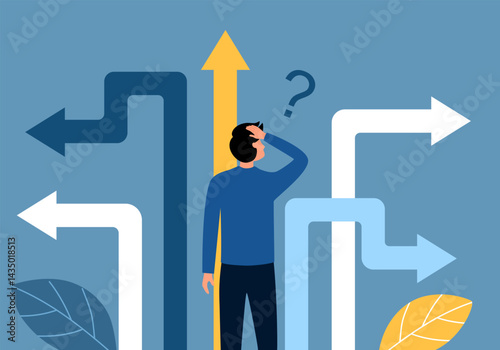 Business decision making, career path, work direction or choose the right way to success concept. Confusing man looking at crossroad sign with question mark and think which way to go.