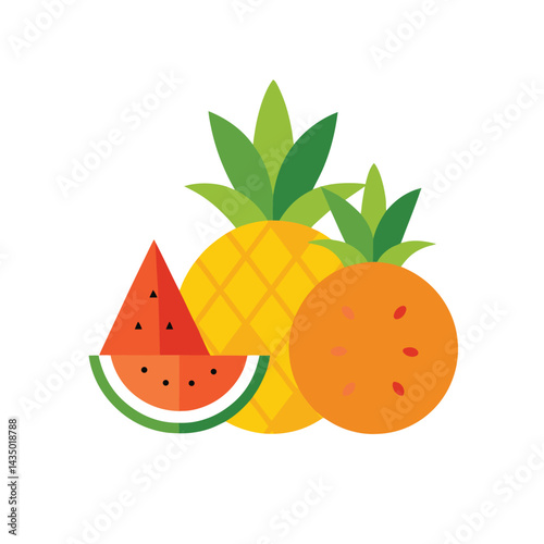 Fruit arrangement with pineapple, watermelon, orange isolated on white background