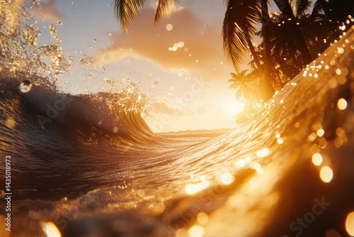 A captivating close-up view of a wave's crest forming a tunnel, allowing a glimpse of a tropical beach scene at sunrise.