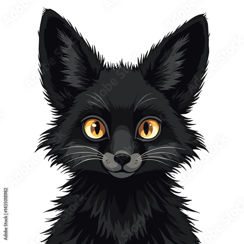 Cute cartoon black fox illustration on transparent background with mysterious mood and striking contrast
