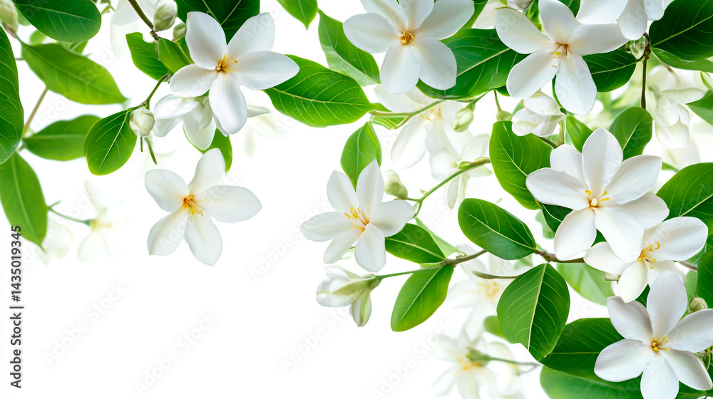Obraz premium White tropical flowers and green leaves on a white background, high resolution.