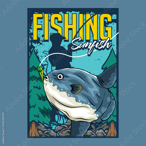 Sunfish with forest background cartoon illustration poster. Perfect for fishing clubs, outdoor adventure, wildlife, and nature-themed