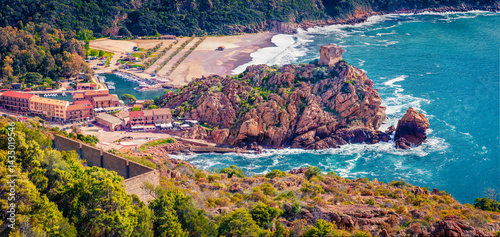 Obraz na płótnie Panoramic summer cityscape of Porto town with Genoise de Porto Ota tower. Adorable morning view of Corsica island, France. Captivating Mediterranean seascape. Traveling concept background. w salonie