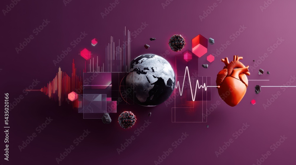 Fototapeta premium Global Healthcare Illustration Featuring Planet and Heart Concept with Abstract Elements