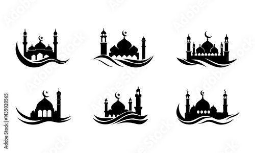 eid mubarak mosque and stars vector art, islamic festival mosque and crescent moon graphic, ramadan night mosque illustration.