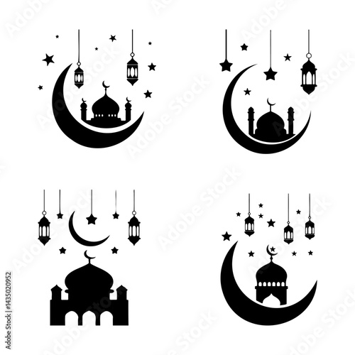 eid mubarak mosque and crescent moon silhouette, ramadan kareem mosque and stars vector illustration