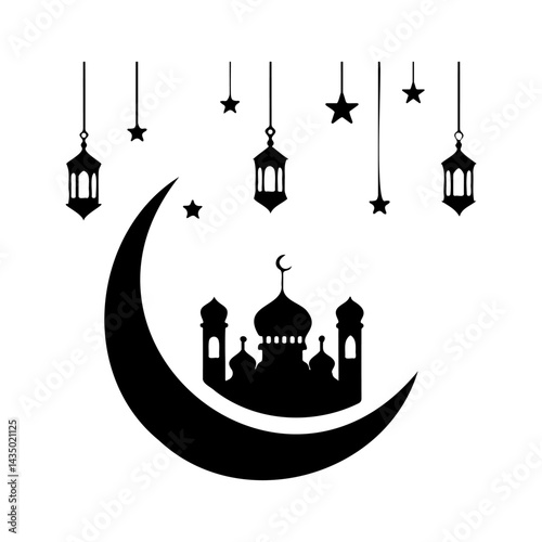 eid mubarak mosque and crescent moon silhouette, eid festival mosque and night sky graphic.