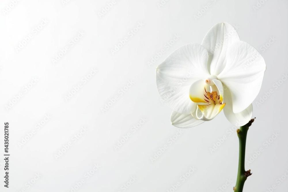 Delicate white orchid blossom against pure white backdrop, macro photography, bright, white flower Delicate white orchid blossom against pure white backdrop, macro photography, bright, white flower