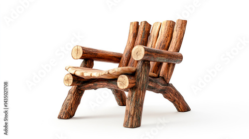 Wooden log chair isolated on a white background, 8K, photorealistic, high-resolution photography