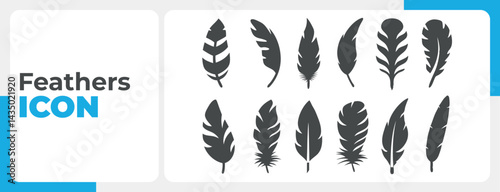 Set of feathers silhouette vector icons in various shapes and styles. Black feather symbols isolated on white background.


