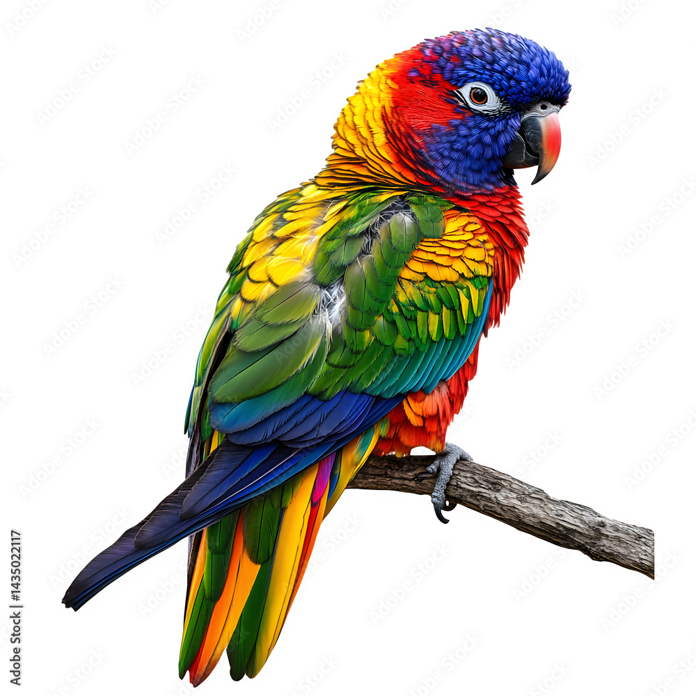 Fototapeta premium A vibrant rainbow lorikeet perched on a branch against a stark black background showcasing its plumage