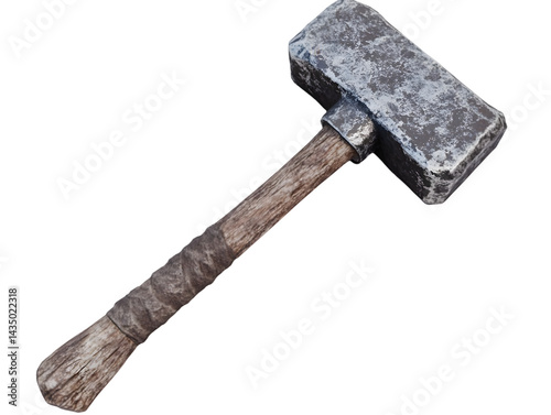 Rusty, heavy-duty hammer.  Wooden handle, weathered metal head