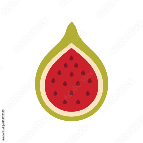 Flat fig slice with red center and minimal style isolated on white background
