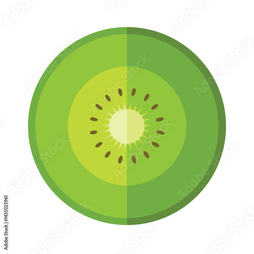 Flat kiwi slice in circular form with seeds isolated on white background