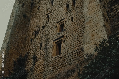 Ancient stone fortress wall with weathered windows photo