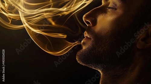 A man exhales golden smoke, a contemplative moment