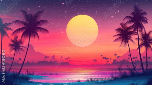 Silhouette of palm trees on beach at night, neon pink and purple sunset sky with stars