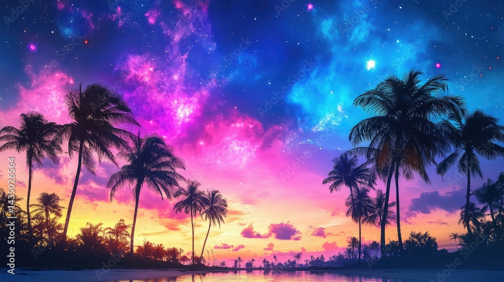 Tropical night with silhouettes of palm trees, neon-lit horizon and a galaxy sky Tropical night with silhouettes of palm trees, neon-lit horizon and a galaxy sky