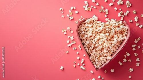 Tasty salted popcorn spilling from box, forming a heart on vibrant red surface