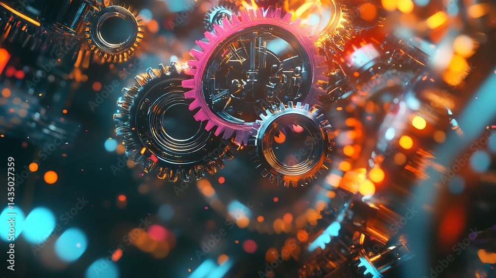 Close up of interconnected gears in motion representing mechanical engineering processes image Close up of interconnected gears in motion representing mechanical engineering processes image