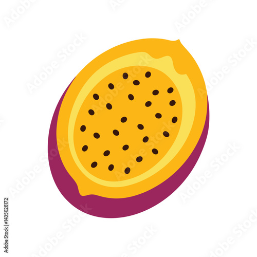 Passion fruit slice with bright interior and seeds isolated on white background