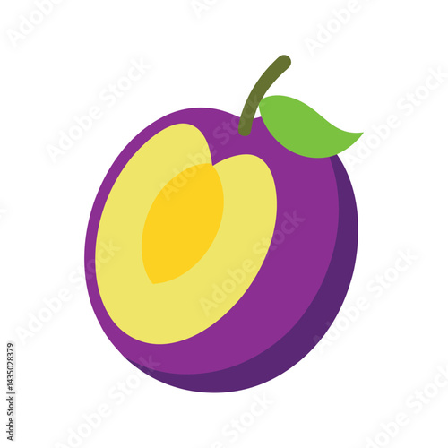 Plum slice with purple skin and soft yellow center isolated on white background
