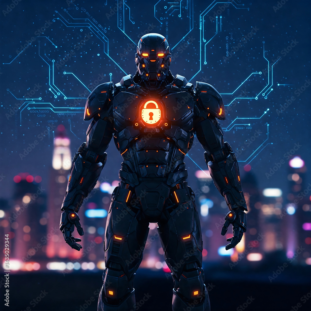 Fototapeta premium Armored Figure with Glowing Lock Symbol, Representing Digital Protection and AI Security Systems