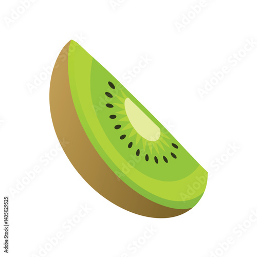 Kiwi wedge slice in perspective with vivid green isolated on white background