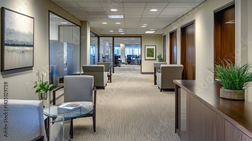A modern office hallway featuring stylish furniture, framed artwork, and plants, with a view into a spacious workspace filled with desks and computers in the background