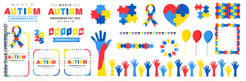 big mega set of World autism awareness day background typography, puzzles head child, heart, hand, balloon, ribbon icon design template set. World autism day colorful text and frame design bundle.