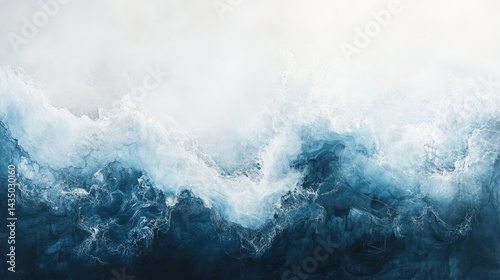 A serene depiction of turbulent ocean waves crashing against a misty shoreline, with soft clouds hovering above, creating a tranquil yet dynamic atmosphere ideal for relaxation