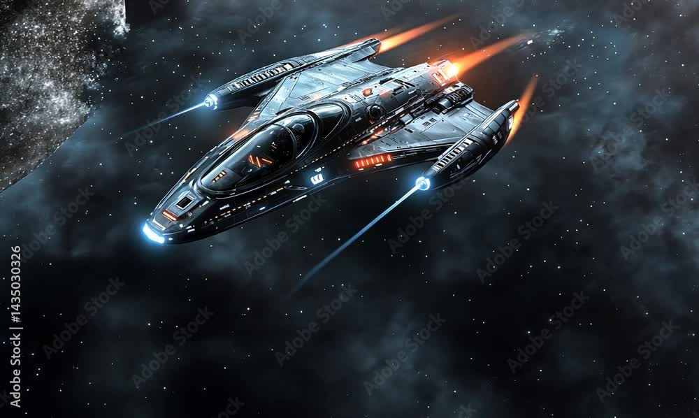 Futuristic spaceship soaring through space with glowing engines and cosmic background