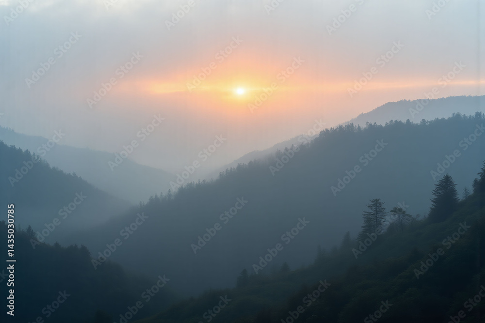 Obraz premium misty sunrise over a forested hillside with trees in the foreground