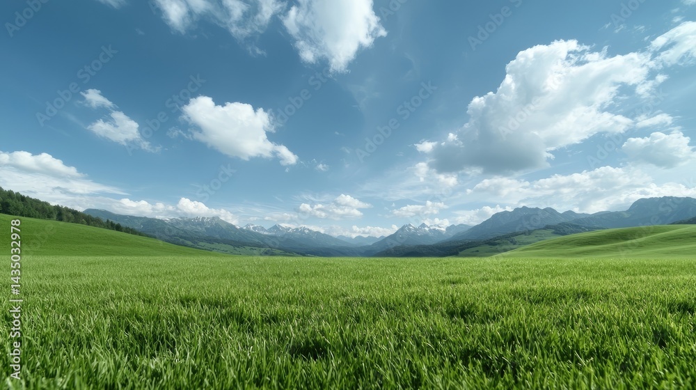 Lush green field stretching to distant mountains under a partly cloudy sky Lush green field stretching to distant mountains under a partly cloudy sky