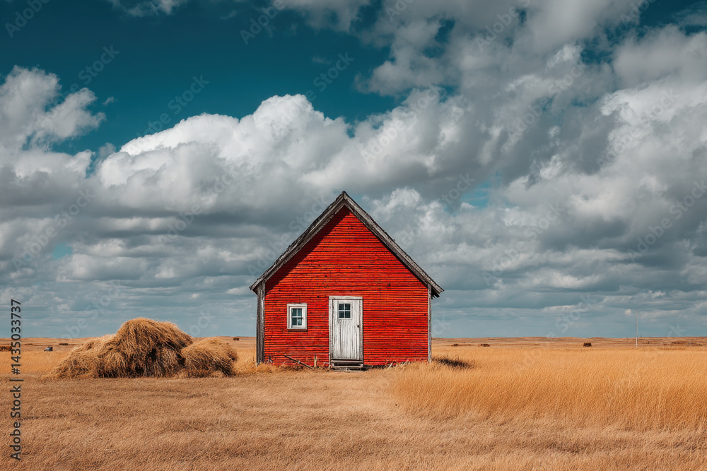 Red barn in field with hay bales. Red barn in field with hay bales.
