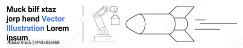 Robotic arm holding item beside a speeding rocket outline in motion. Ideal for technology, innovation, robotics, progress, engineering, aerospace, simple landing page