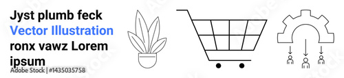 Potted plant, shopping cart, mechanical gear with users symbolize nature, retail, technology, teamwork, digital solutions, industry innovation and commerce. Ideal for flat landing page banner
