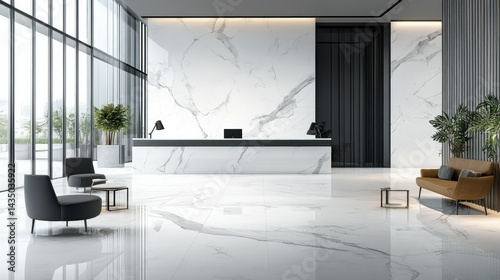 Modern reception area featuring sleek marble walls and polished floors, with stylish seating and greenery, creating an inviting atmosphere for visitors in a contemporary building