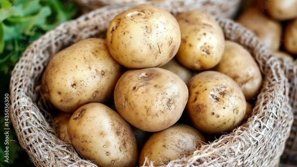 Fresh potatoes in a burlap basket, natural and rustic setting, a staple crop for cooking and various food dishes. Fresh potatoes in a burlap basket, natural and rustic setting, a staple crop for cooking and various food dishes.
