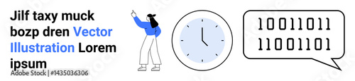 Woman gesturing toward text, analog clock, and binary speech bubble, emphasizing communication, coding, time management. Ideal for technology, time, communication tools data exchange work