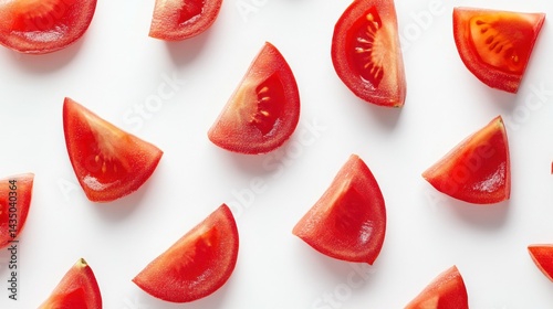 Fresh tomato slices arranged in a symmetrical pattern on a white background photo